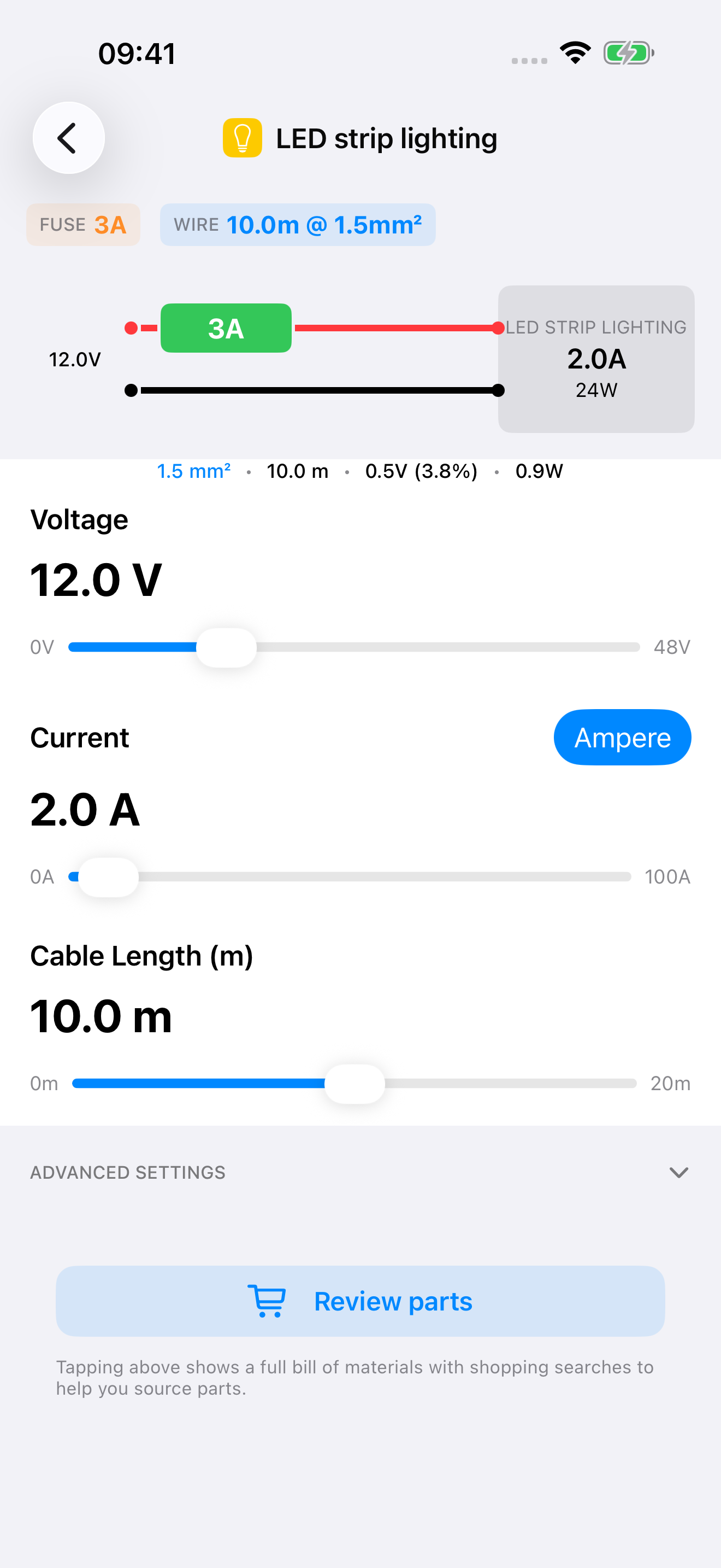 Cable by VoltPlan app screen showing a 12V LED strip wiring calculation